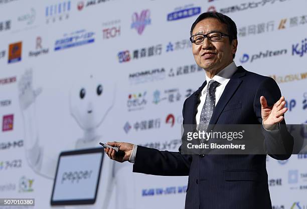 Ken Miyauchi, president and chief executive officer of SoftBank Mobile Corp., speaks during a news conference prior to the Pepper World 2016 event in...