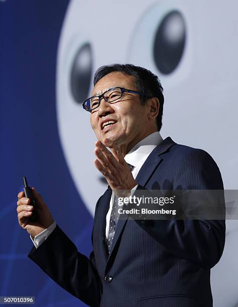 Ken Miyauchi, president and chief executive officer of SoftBank Mobile Corp., speaks during a news conference prior to the Pepper World 2016 event in...