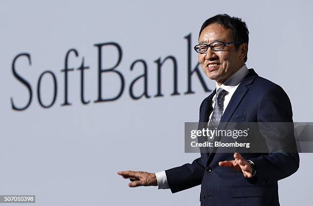 Ken Miyauchi, president and chief executive officer of SoftBank Mobile Corp., speaks during a news conference prior to the Pepper World 2016 event in...