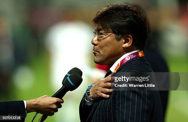 Makoto Teguramori, Head Coach of Japan speaks with the media after winning the AFC U-23 Championship semi final match between Japan and Iraq at the...