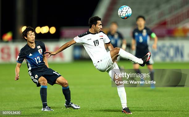 Hisny Faisal Ali of Iraq in action during the AFC U-23 Championship semi final match between Japan and Iraq at the Abdullah Bin Khalifa Stadium on...