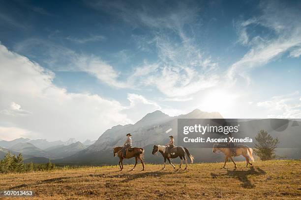 three cowboys/cowgirls lead horses thru mountains - cavalier photos et images de collection