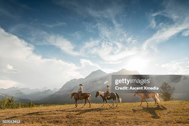 three cowboys/cowgirls lead horses thru mountains - andare a cavallo foto e immagini stock