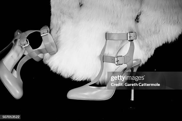 General view of shoes backstage before the Yiqing Yin show as part of Paris Fashion Week Haute Couture Spring/Summer 2015 on January 26, 2015 in...