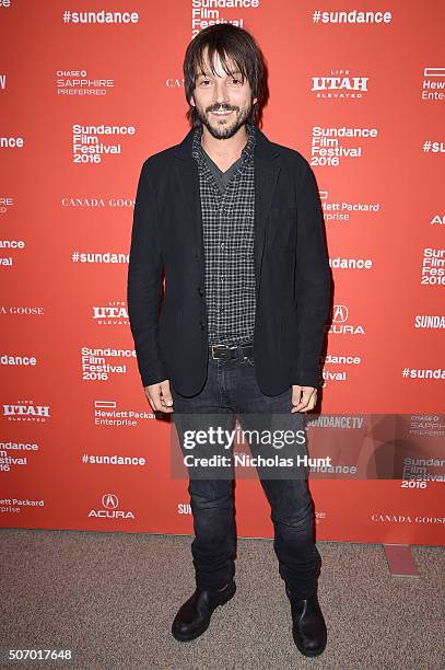 Actor Diego Luna attends the "Mr. Pig" Premiere during the 2016 Sundance Film Festival at Eccles Center Theatre on January 26, 2016 in Park City,...
