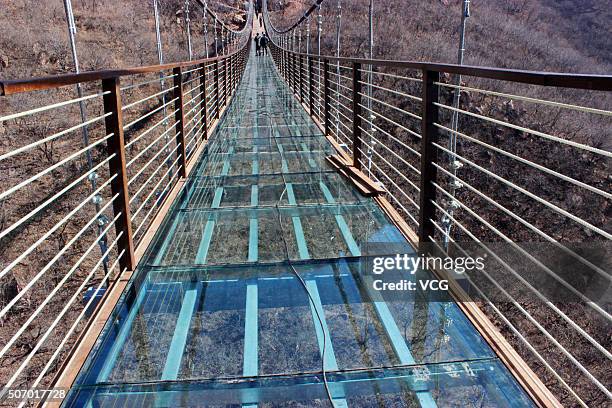 Glass suspension bridge is seen to be completed totally at Fuxishan Tourism Resort on January 26, 2016 in Zhengzhou, Henan Province of China. The...