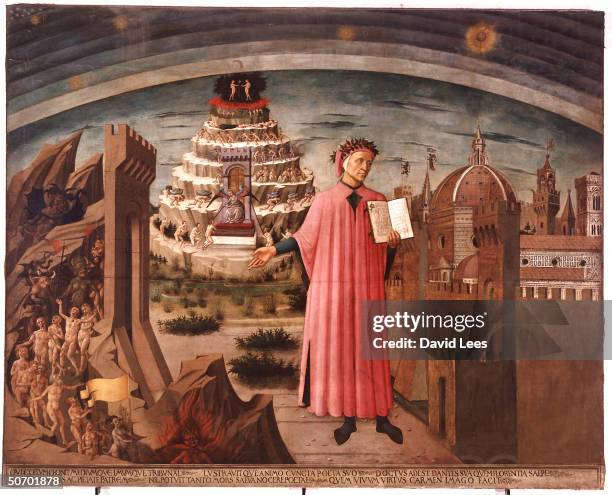 14th century Italian Renaissance poet Dante Alighieri holding his book DIVINE COMEDY against backdrop of Hell, Purgatory & Paradise in 1465 ptg. By...