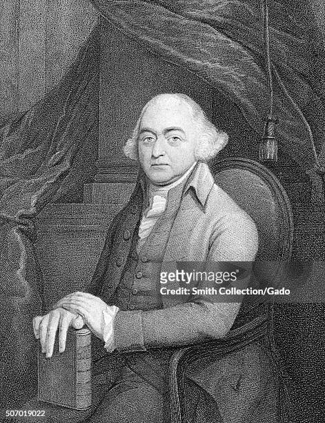 Portrait of second President of the United States John Adams seated in a chair and resting his hands on a book, 1837. From the New York Public...