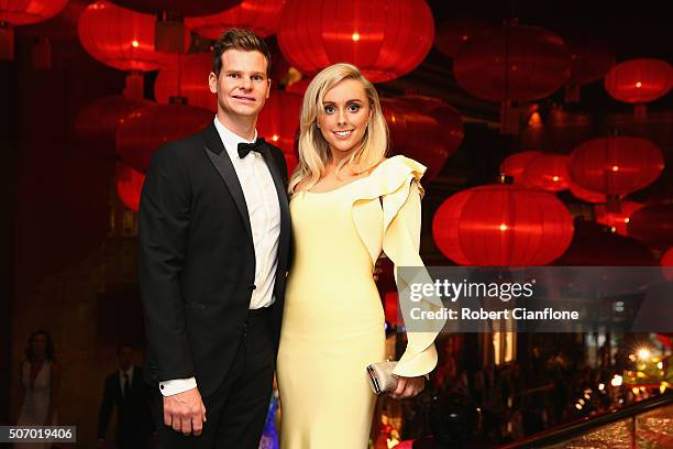 Steve Smith and Danielle Willis arrive at the 2016 Allan Border Medal ceremony at Crown Palladium on January 27, 2016 in Melbourne, Australia.