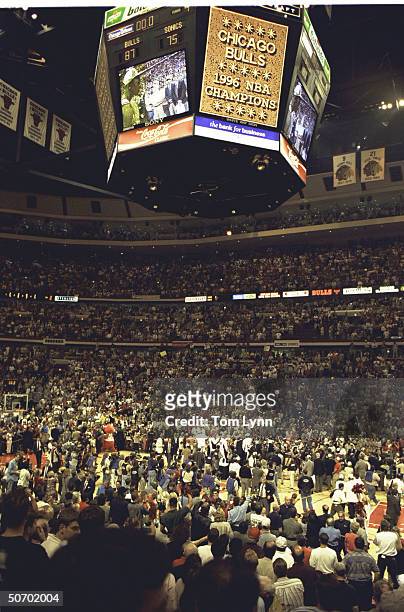 Finals Game 6. Overall view of United Center score board that reads CHICAGO BULLS 1996 NBA CHAMPIONS after game.