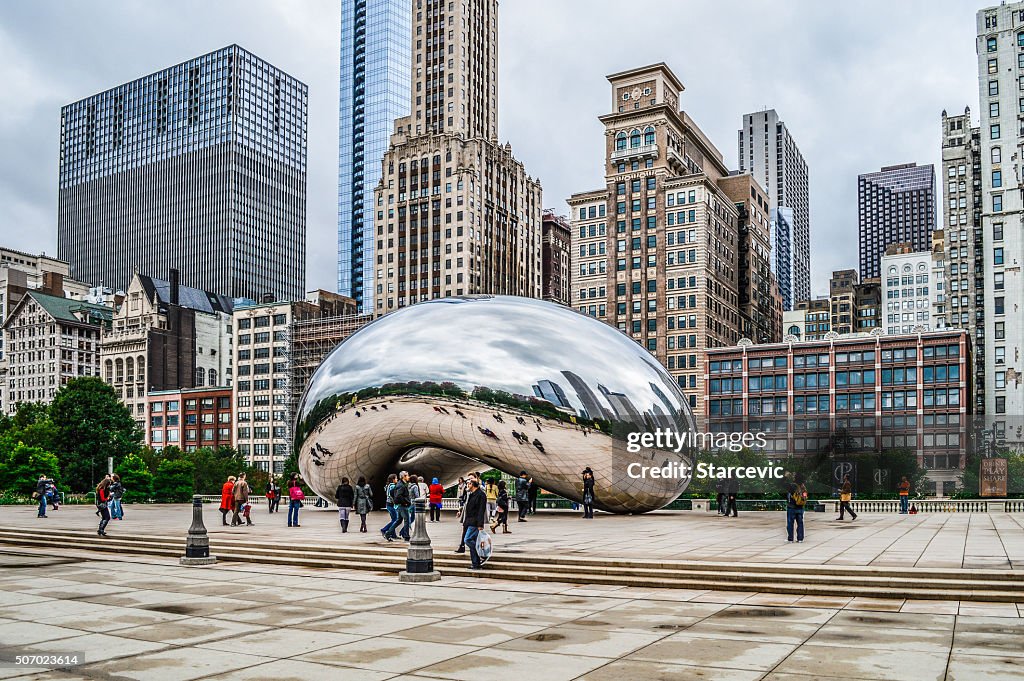 Chicago Bean in Millennium Park with Reflection of Skyscrapers