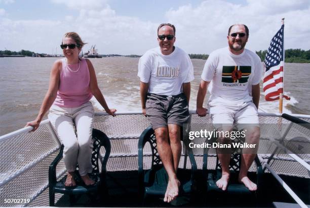 Bureau chief Michael Duffy flanked by political writers Nancy Gibbs & Eric Pooley aboard Grampa Woo III during 2-week spring boat trip down...