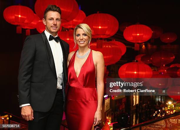 James Pattinson and Kayla Dickson arrive at the 2016 Allan Border Medal ceremony at Crown Palladium on January 27, 2016 in Melbourne, Australia.