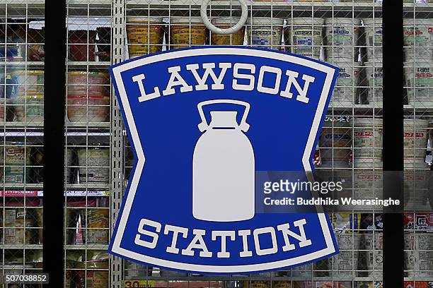 Logo of the convenience store operated by Lawson on a rack of cup noodles at a newly designed train-shaped convenience store named Lawson + Friends...