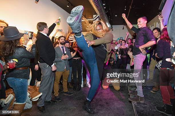 Gia Marie Love dances during a celebration of the film "Kiki" during the Sundance Film Festival at Kickstarter Green Room on January 26, 2016 in Park...