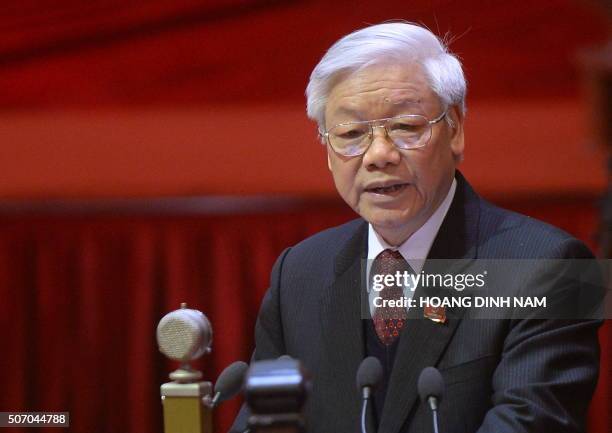 This picture taken on January 21, 2016 shows Nguyen Phu Trong, Vietnam's Communist Party Secretary General, delivering a speech during the opening...