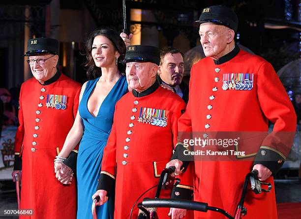Catherine Zeta-Jones and the Chelsea Pensioners attend the World Premiere of 'Dad's Army' at Odeon Leicester Square on January 26, 2016 in London,...