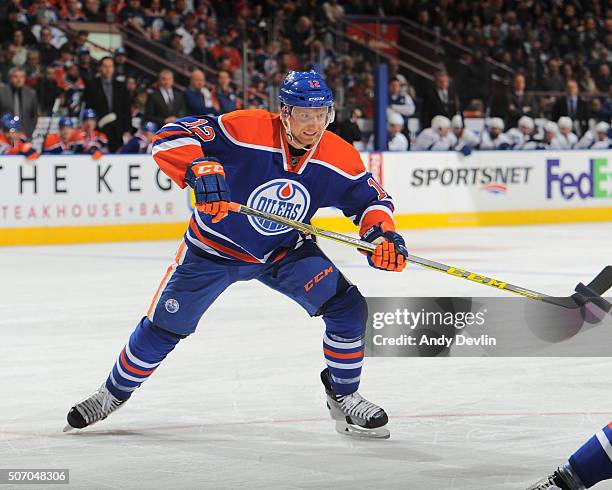 Rob Klinkhammer of the Edmonton Oilers skates during a game against the Tampa Bay Lightning on January 8, 2016 at Rexall Place in Edmonton, Alberta,...