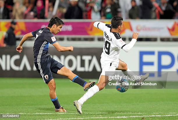 Riki Harakawa of Japan scores his team's second goal during the AFC U-23 Championship semi final match between Japan and Iraq at the Abdullah Bin...