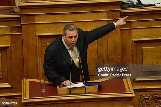 Panos Kamenos, leader of Independent Greeks party and Minister of Defence, during his speech concerning pension reform.