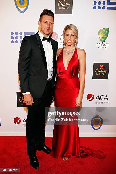 James Pattinson and Kayla Dickson arrive at the 2016 Allan Border Medal ceremony at Crown Palladium on January 27, 2016 in Melbourne, Australia.