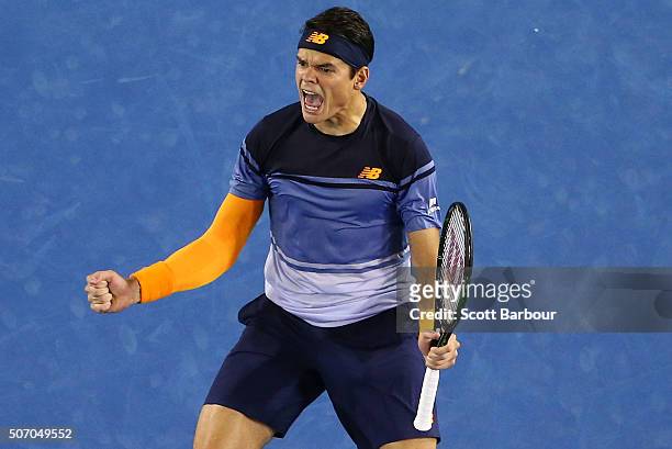 Milos Raonic of Canada celebrate winning match point in his quarter final match against Gael Monfils of France during day 10 of the 2016 Australian...