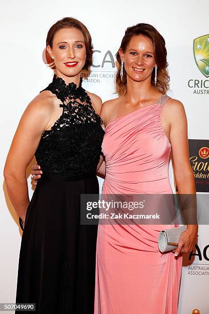 Stephanie Kierce and Julie Hunter arrive at the 2016 Allan Border Medal ceremony at Crown Palladium on January 27, 2016 in Melbourne, Australia.