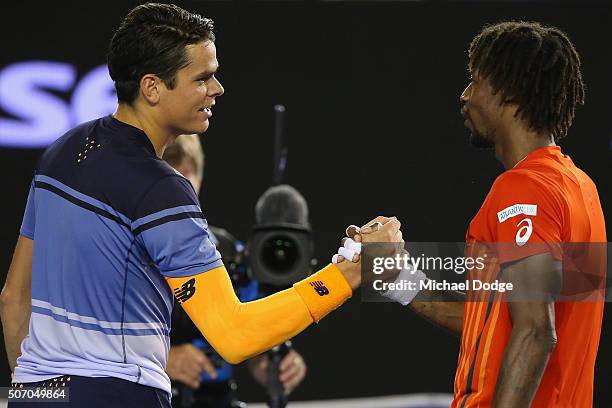 Milos Raonic of Canada celebrates match point in his quarter final match against Gael Monfils of France during day 10 of the 2016 Australian Open at...