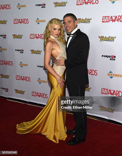 Adult film actress and co-host Anikka Albrite and her husband, adult film actor/director Mick Blue, attend the 2016 Adult Video News Awards at the...