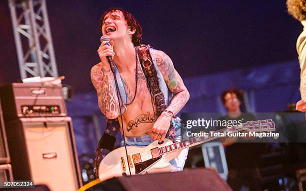 Guitarist Justin Hawkins of English rock group The Darkness performing live on the Maverick Stage at Download Festival, on June 14, 2015.