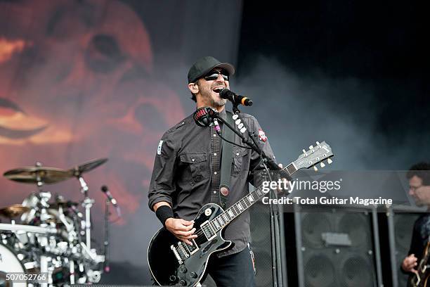 Guitarist and vocalist Sully Erna of American hard rock group Godsmack performing live at Download Festival, on June 14, 2015.
