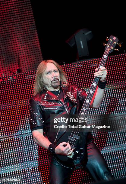 Bassist Ian Hill of English heavy metal group Judas Priest performing live on the Main Stage at Download Festival, on June 12, 2015.