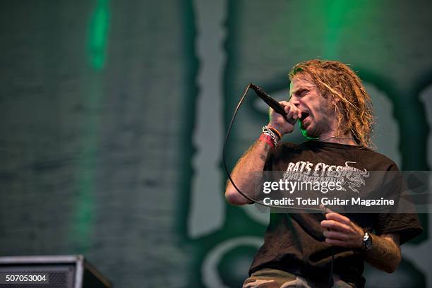 Frontman Randy Blythe of American heavy metal group Lamb Of God performing live at Download Festival, on June 14, 2015.