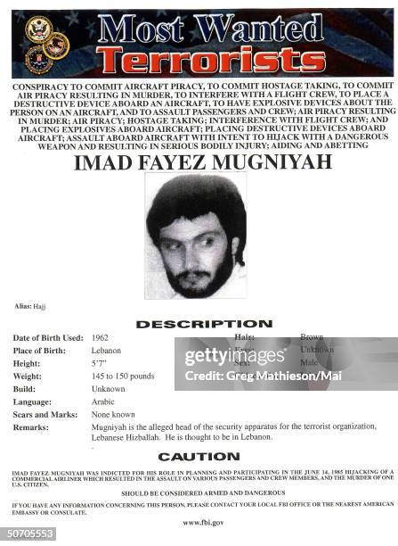 Terrorist Imad Fayez Mugniyah pictured on FBI Most Wanted poster, an initiative of the War on Terrorism.