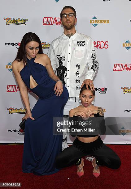 Adult film actress Mandy Muse, adult film director Bryan Gozzling and Rhianna Yates attend the 2016 Adult Video News Awards at the Hard Rock Hotel &...