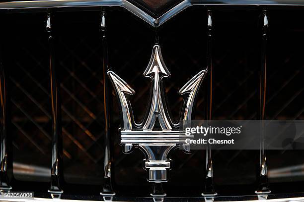 The logo of a Maserati is on display during the 31st International Festival Automobile at Hotel des Invalides on January 27, 2016 in Paris, France....