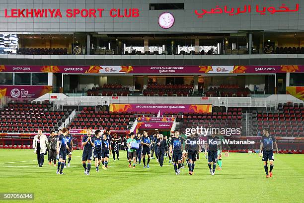 Japanese players celebrate qualifying for the Rio de Janeiro Olympics after winning the AFC U-23 Championship semi final match between Japan and Iraq...