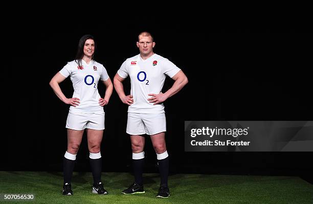 Sarah Hunter, captain of England Women and Dylan Hartley, captain of England pose during the RBS Six Nations launch at The Hurlingham Club on January...