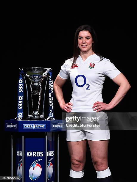 Sarah Hunter, captain of England Women poses with the trophy during the RBS Six Nations launch at The Hurlingham Club on January 27, 2016 in London,...