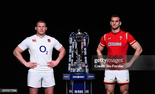 Dylan Hartley, captain of England poses with Sam Warburton, captain of Wales and the trophy during the RBS Six Nations launch at The Hurlingham Club...