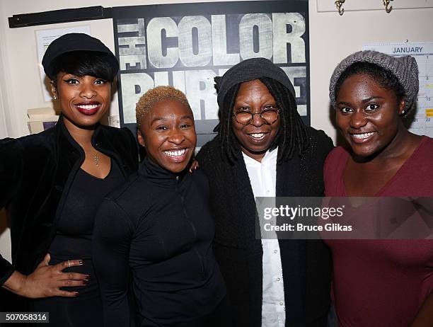 Jennifer Hudson, Cynthia Erivo, Whoopi Goldberg and Danielle Brooks pose backstage at the hit musical "The Color Purple" on Broadway at The Jacobs...