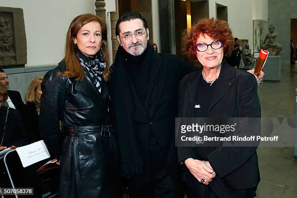 Violonist Anne Gravoin, Stylist Franck Sorbier and Actress Andrea Ferreol attend she Franck Sorbier Spring Summer 2016 show as part of Paris Fashion...