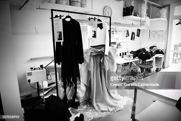 General view of dresses backstage before the Stephane Rolland show as part of Paris Fashion Week Haute Couture Spring/Summer 2015 on January 26, 2015...
