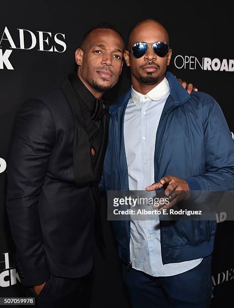 Actors Marlon Wayans and Damon Wayans Jr. Attend the premiere of Open Road Films' "Fifty Shades of Black" at Regal Cinemas L.A. Live on January 26,...