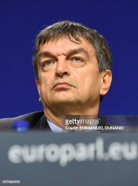 Presidential candidate Jerome Champagne takes part in a press conference at the European Parliament in Brussels, on January 27, 2016. - The five...