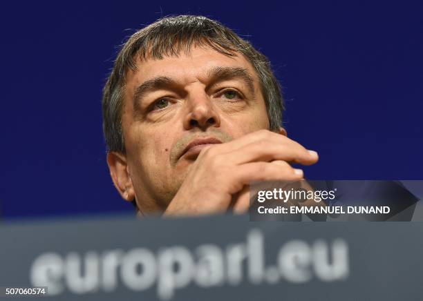 Presidential candidate Jerome Champagne takes part in a press conference at the European Parliament in Brussels, on January 27, 2016. - The five...