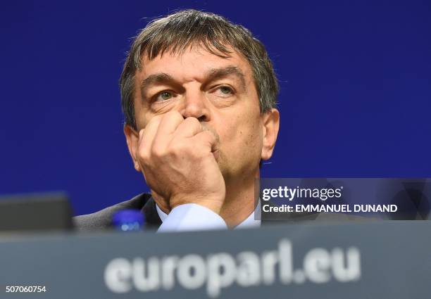 Presidential candidate Jerome Champagne takes part in a press conference at the European Parliament in Brussels, on January 27, 2016. - The five...