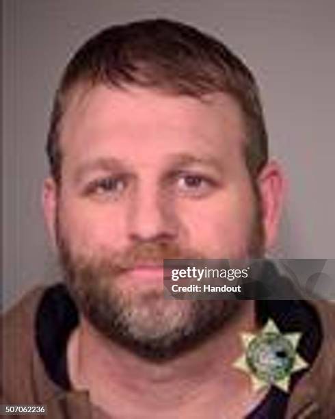 In this handout provided by the Multnomah County Sheriff's Office, suspect Ammon Bundy poses for a mugshot photo after being arrested by U.S....