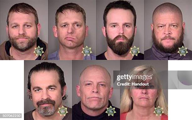 In this composite with handout images provided by the Multnomah County Sheriff's Office, suspects Ammon Bundy, Ryan Bundy, Ryan Waylen Payne, Brian...