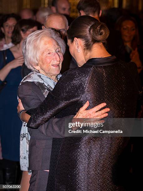 Crown Princess Victoria of Sweden meets with a holocaust survivor the presentation of Scholarships From Micael Bindefeld Foundation in Memory Of The...